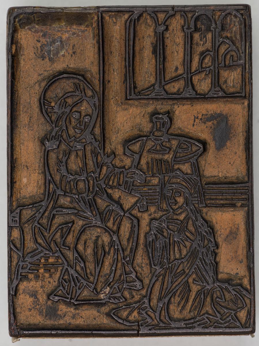 -Fußwaschung (?) (verso: Evangelist); -Mondsichel-Madonna; -Evangelist; -Unklar (verso: unklar) Metallschere einmontiert; -3 Personen vor Herrscher (verso: Farbplatte dazu ?)
(5 Stöcke)