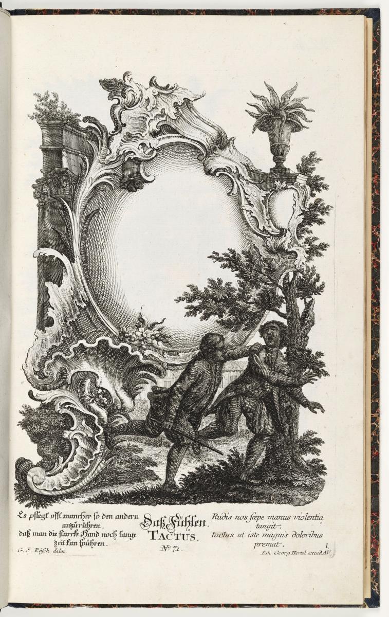 Verl.-Nr. 71. 5 Blatt Muschelwerk mit Figuren: die fünf Sinne