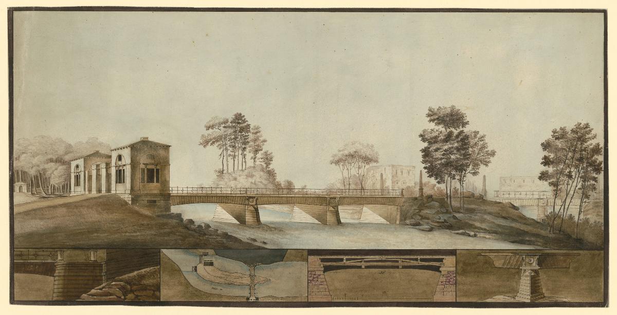 Landschaft mit Brücke und Brückenhaus, darunter Konstruktionsdetails in vier Feldern