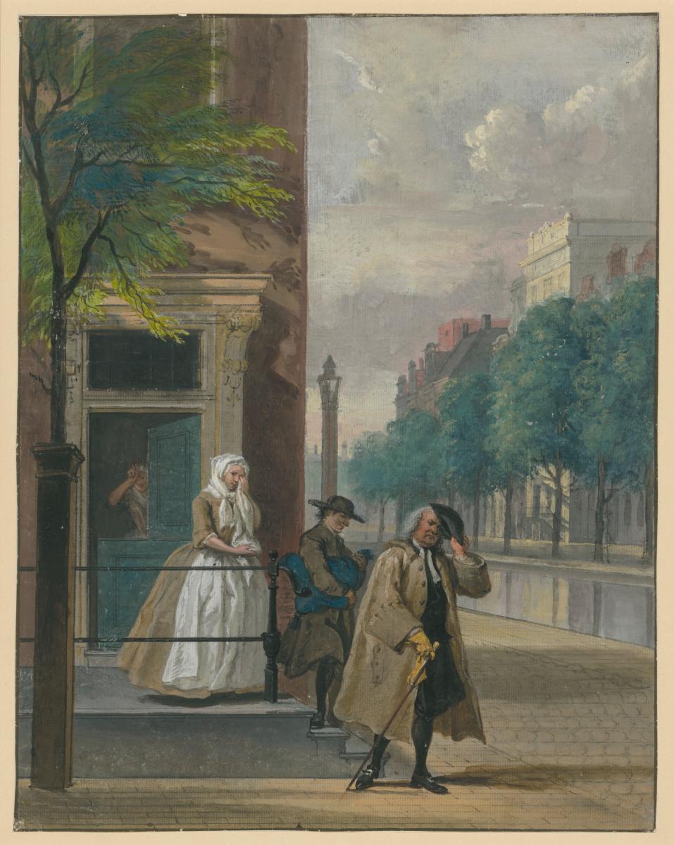 Szene aus einem Lustspiel ("De ontdekte Schijndeugd" von Lingelbach)