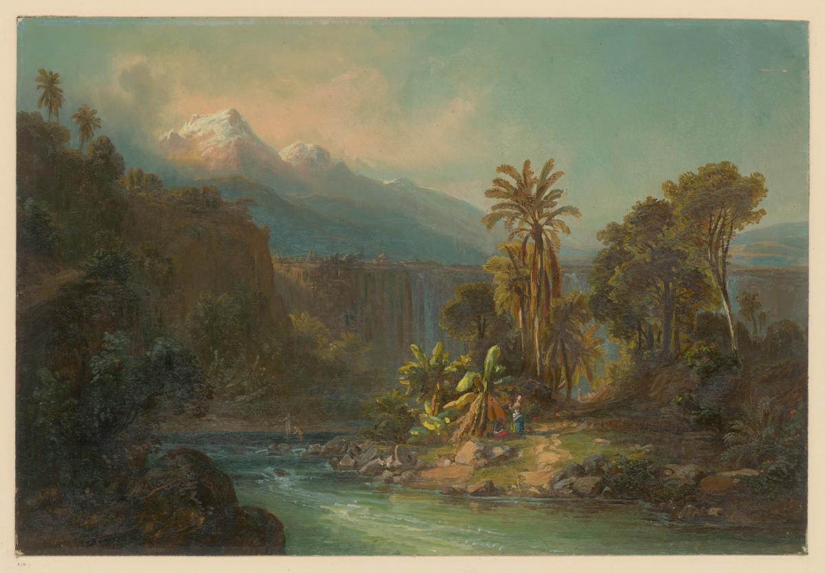 Landschaft mit der Hochebene von Mérida. Im Vordergrund ein Badeplatz am Fluss