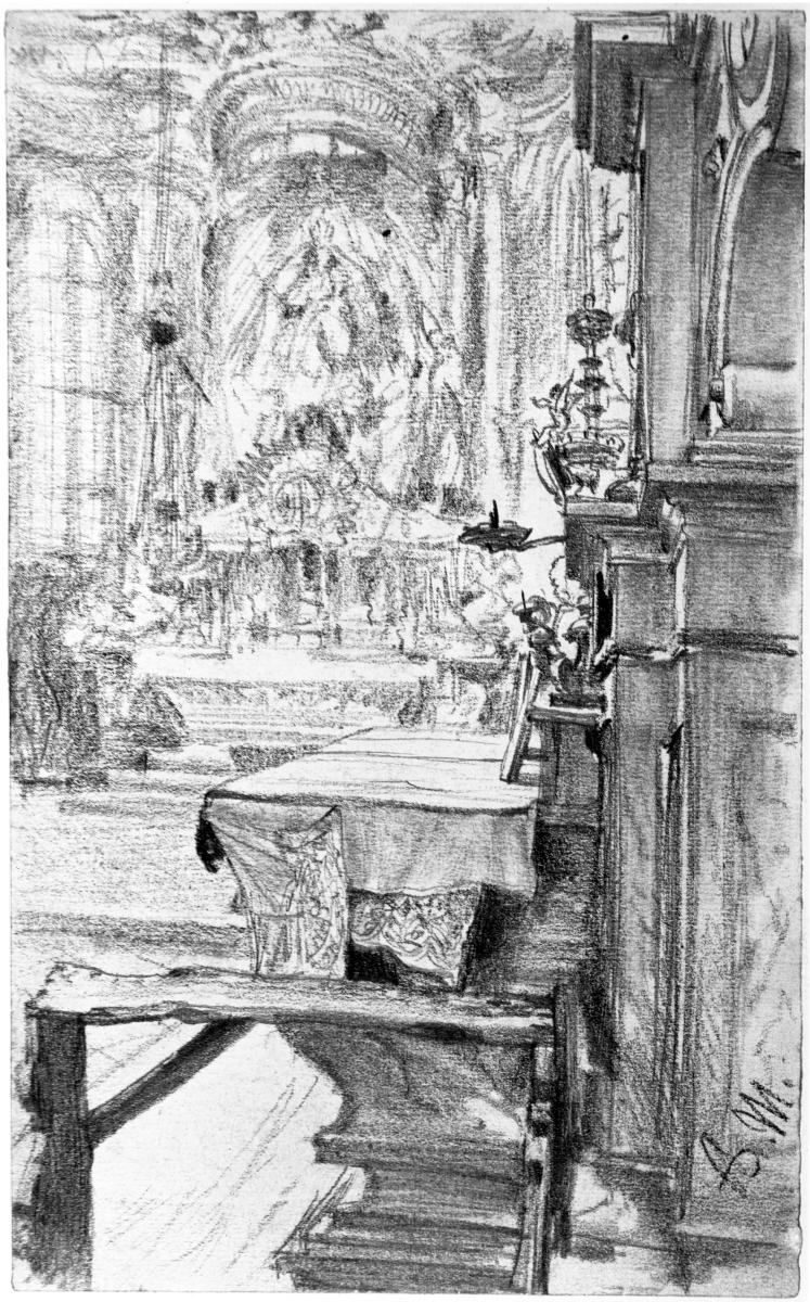 Seitenaltar und Blick auf den Hochaltar in einer Barockkirche