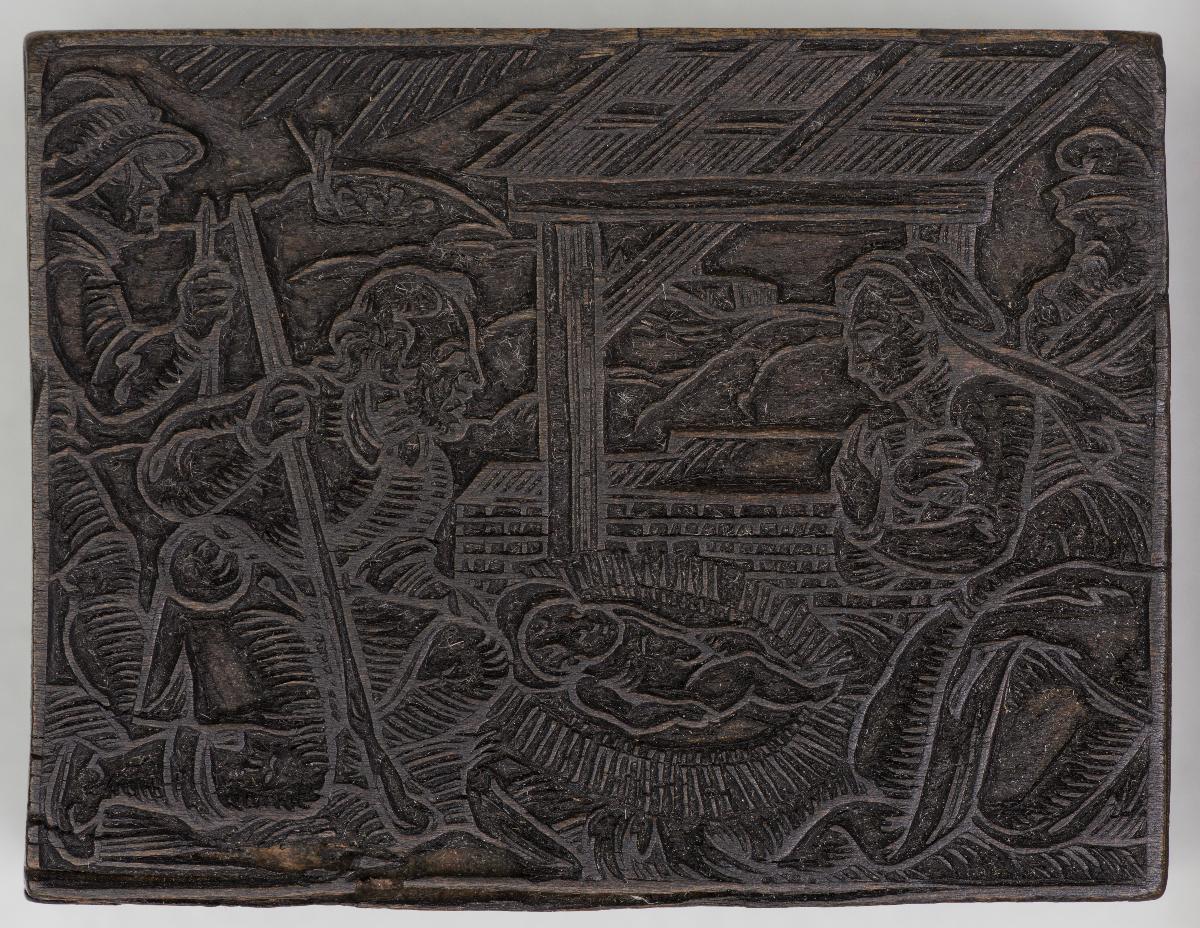 Bibl. Szenen (Anbetung Hirten, Initiale B mit Hl. Georg, Christus in der Vorhölle?, , Christuskind mit Marterwerkzeugen, Christus am Kreuz, Hieronymus im Gehäuse)
(7 Stöcke)