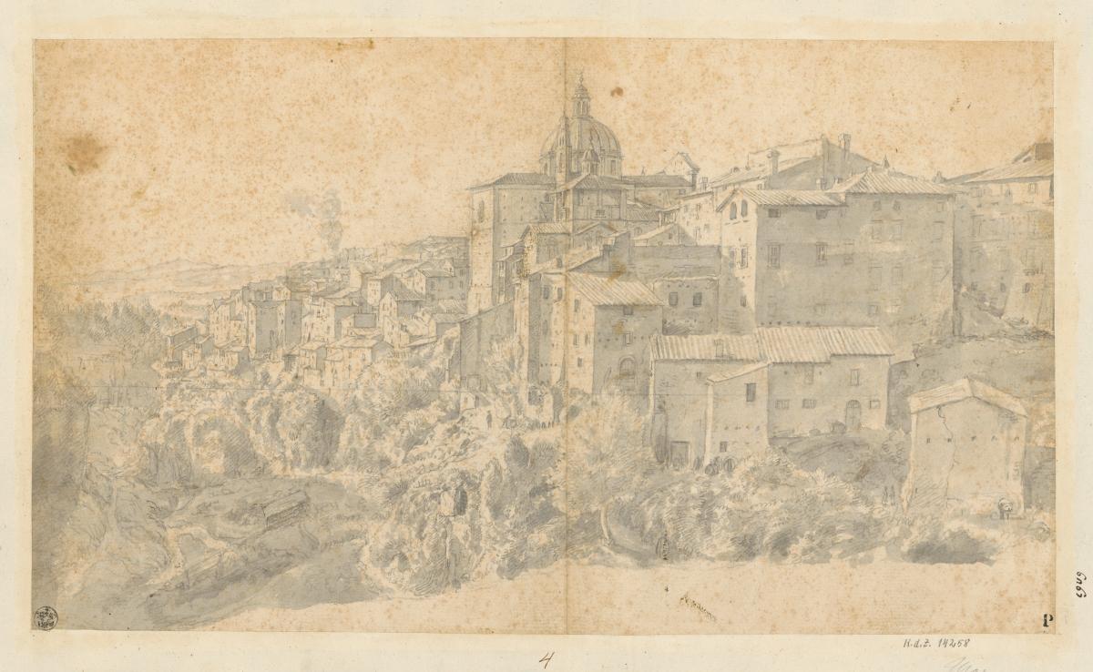 Städtchen im Gebirge (Ariccia?), links kleines Tal, in der Mitte Kirche mit hoher Kuppel