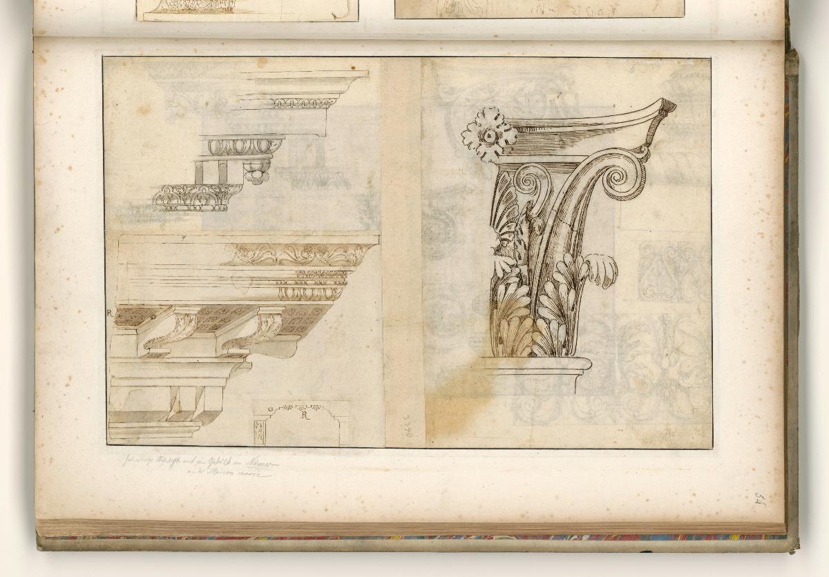 Nimês, Maison Carrée, Konsolengesims, Schnitt, Profil einer Kasette, halber Aufriss eines Blattkapitells, Verso: verschiedene Friesdekore, Schmuckbasis, Gebälk, Gesims, Teile von Kompositkapitellen