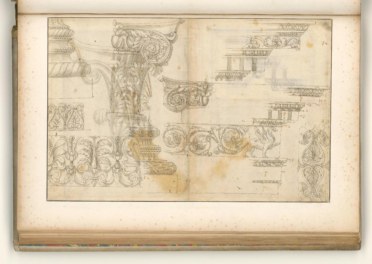 Nimês, Maison Carrée, Konsolengesims, Schnitt, Profil einer Kasette, halber Aufriss eines Blattkapitells, Verso: verschiedene Friesdekore, Schmuckbasis, Gebälk, Gesims, Teile von Kompositkapitellen