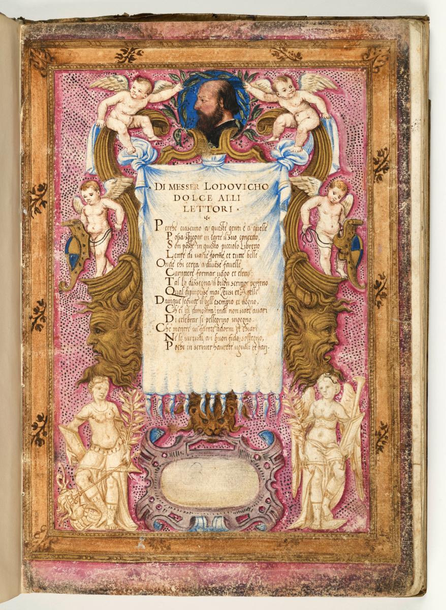 Vorlagen für Zierbuchstaben, Titel mit Gedicht von Lodovico Dolce
