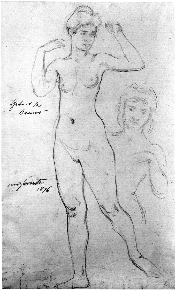 Geburt der Venus. Stehender weiblicher Akt mit erhobenen Armen, von vorn