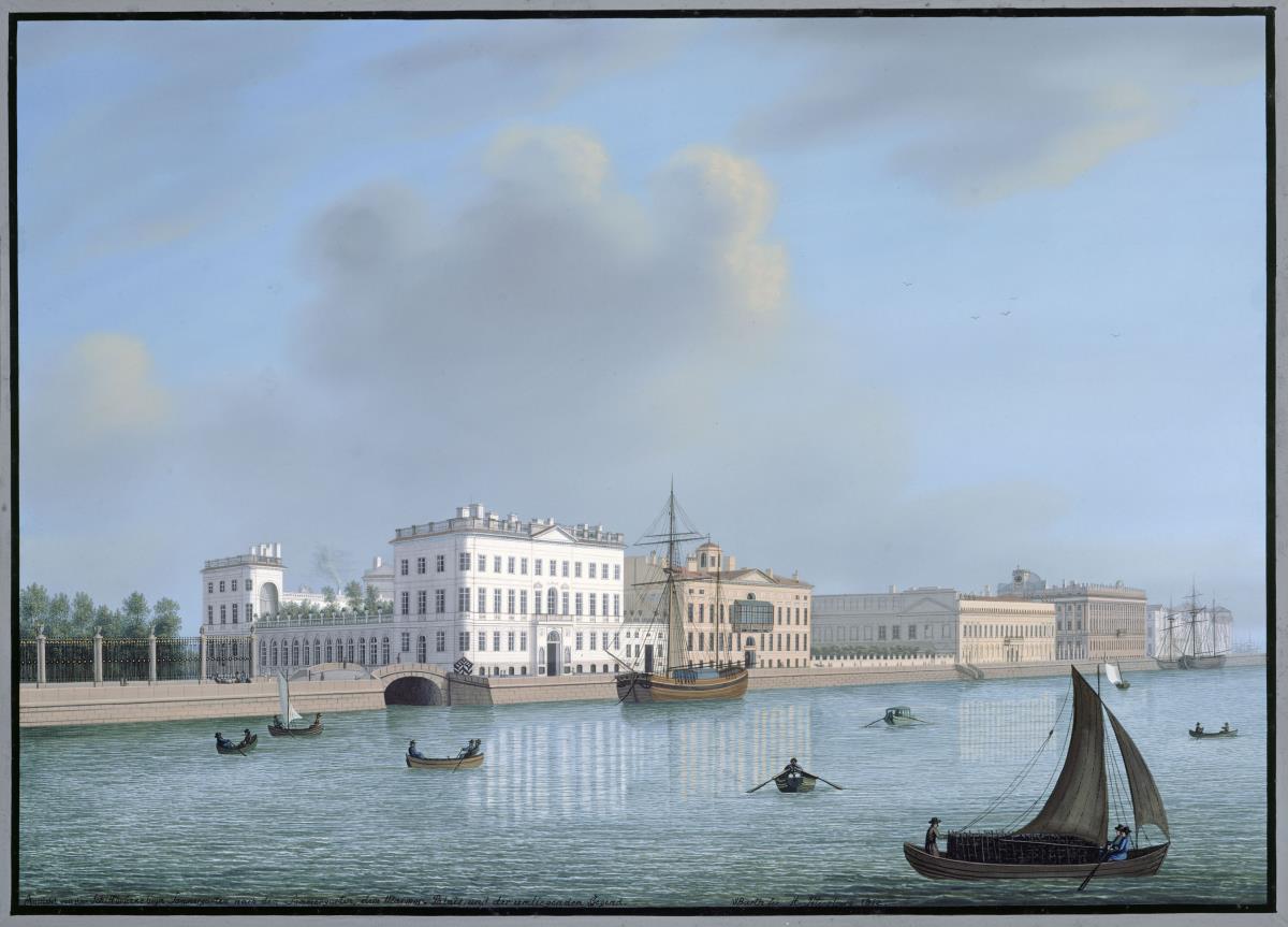 Ansicht von der Schiffsbrücke beym Sommergarten nach dem Marmorpalais und der umliegenden Gegend zu St. Petersburg