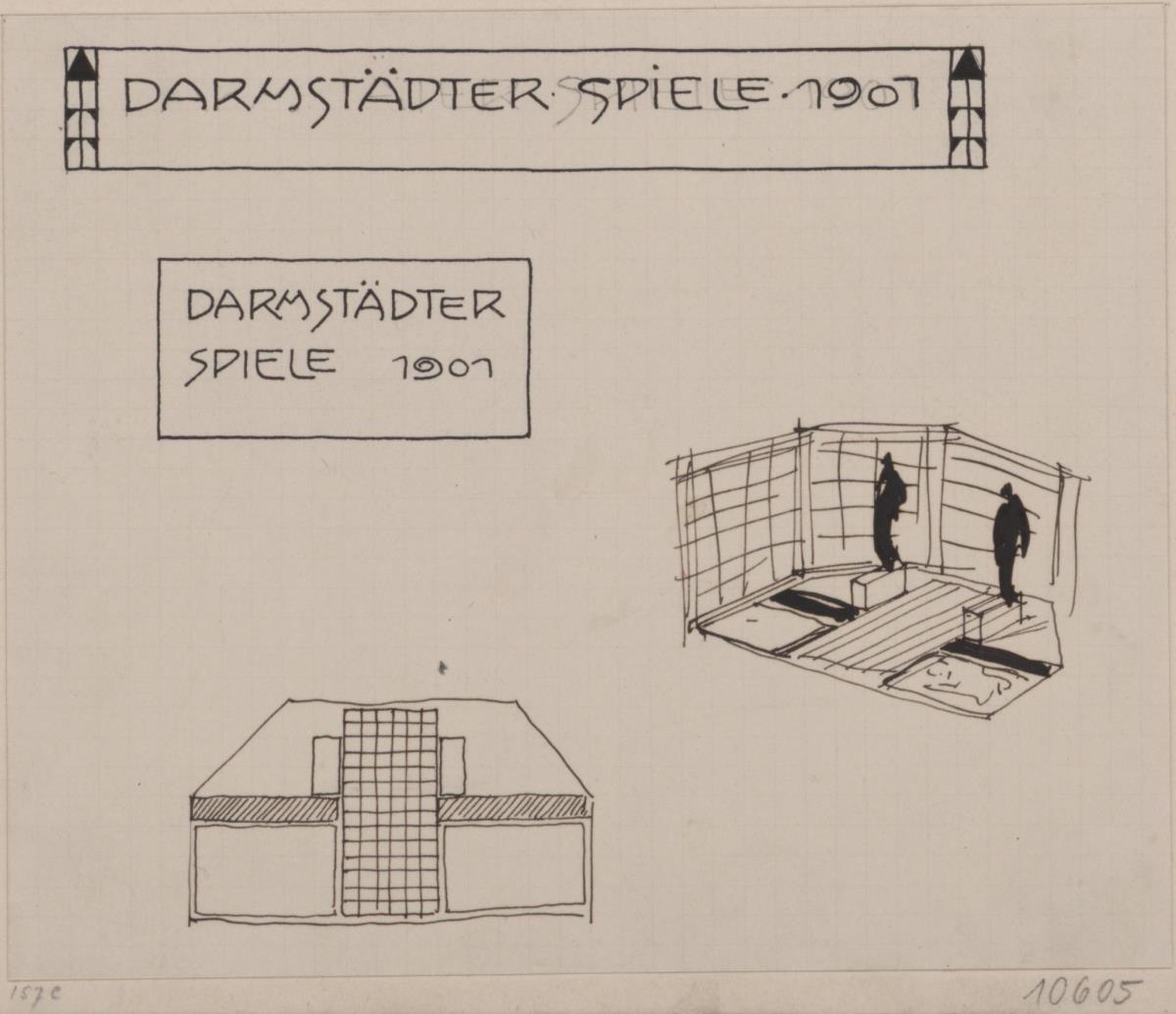 Darmstadt, provisorischer Theaterbau, Spielhaus für die Ausstellung, Skizzenblatt mit Prospekt-Titeln sowie Grundriss und Perspektive einer Bühnendekoration