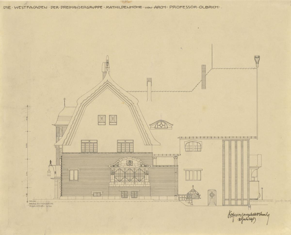 Darmstadt, Dreihäusergruppe, Aufriss der Westfassaden