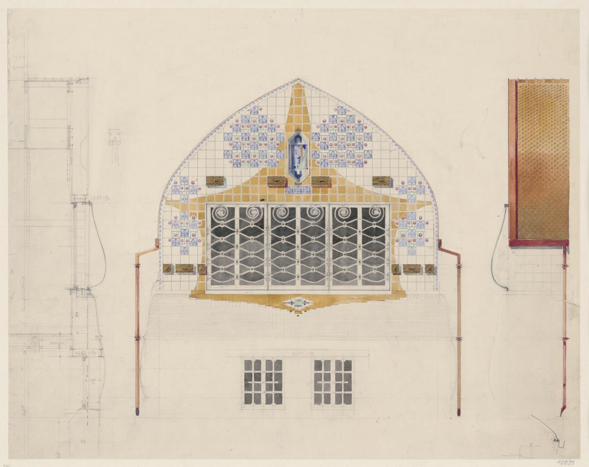 Darmstadt, Dreihäusergruppe, Aufriss und Seitenansicht des Erkers an der Westfassade des Blauen Hauses