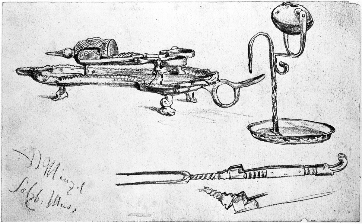 Lichtgestell, Schere mit Untersatz und Gabel aus dem Museum in Salzburg