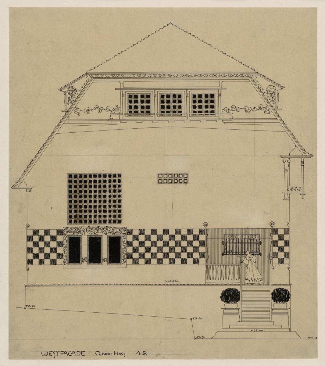 Darmstadt, Wohnhaus Olbrich, Aufriss der Westfassade