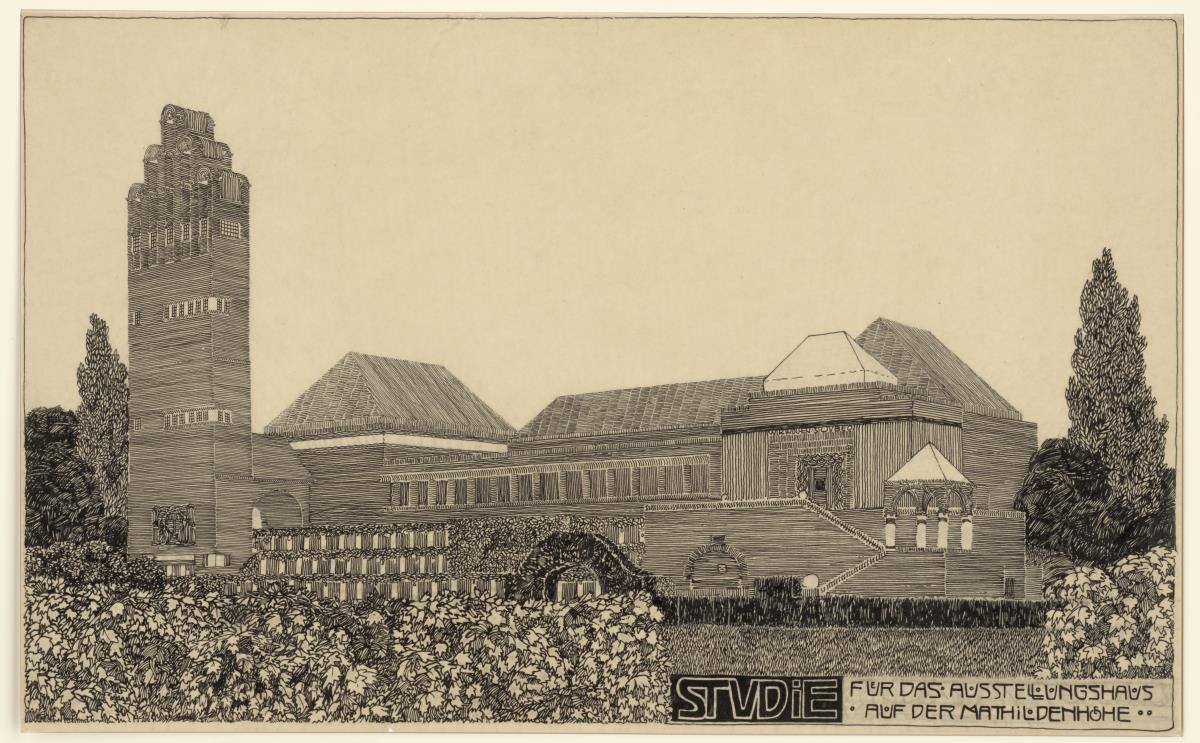 Darmstadt, Ausstellungsgebäude und Hochzeitsturm, Vorentwurf, Perspektive von Südwesten