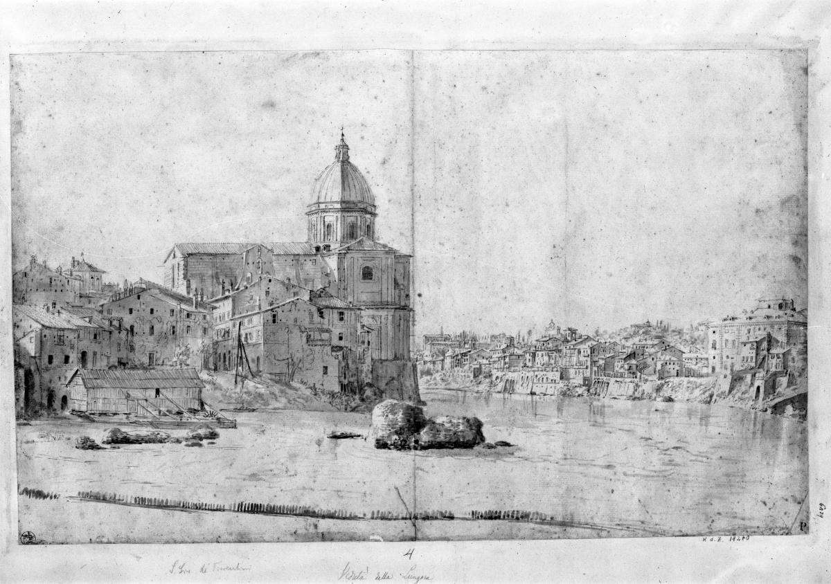 S. Giovanni dei Fiorentini, rechts Blick auf das rechte Tiberufer (Lungara), im Vordergrund die reste des Pons Neronianus