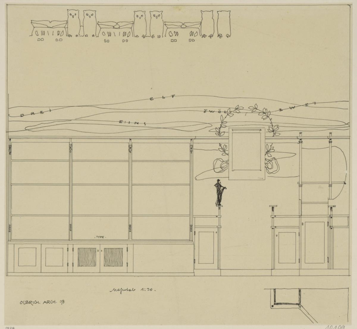 Hinterbrühl, Villa Friedmann, Herrenzimmer, Aufriss der Regalwand