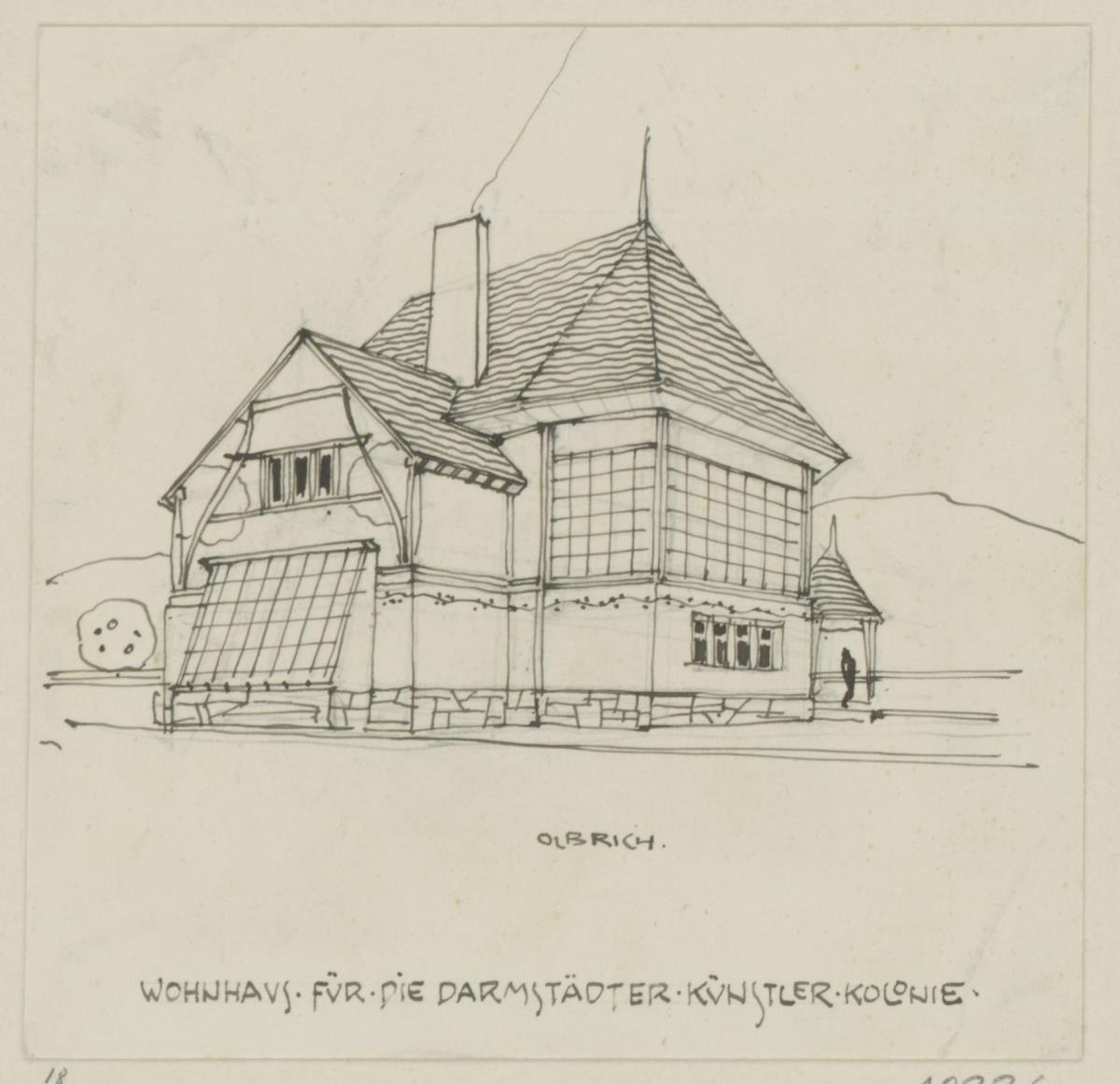 Darmstadt, erste Skizzen zu Wohnhäusern für die Künstlerkolonie, zweigeschossiges Wohnhaus, Perspektive