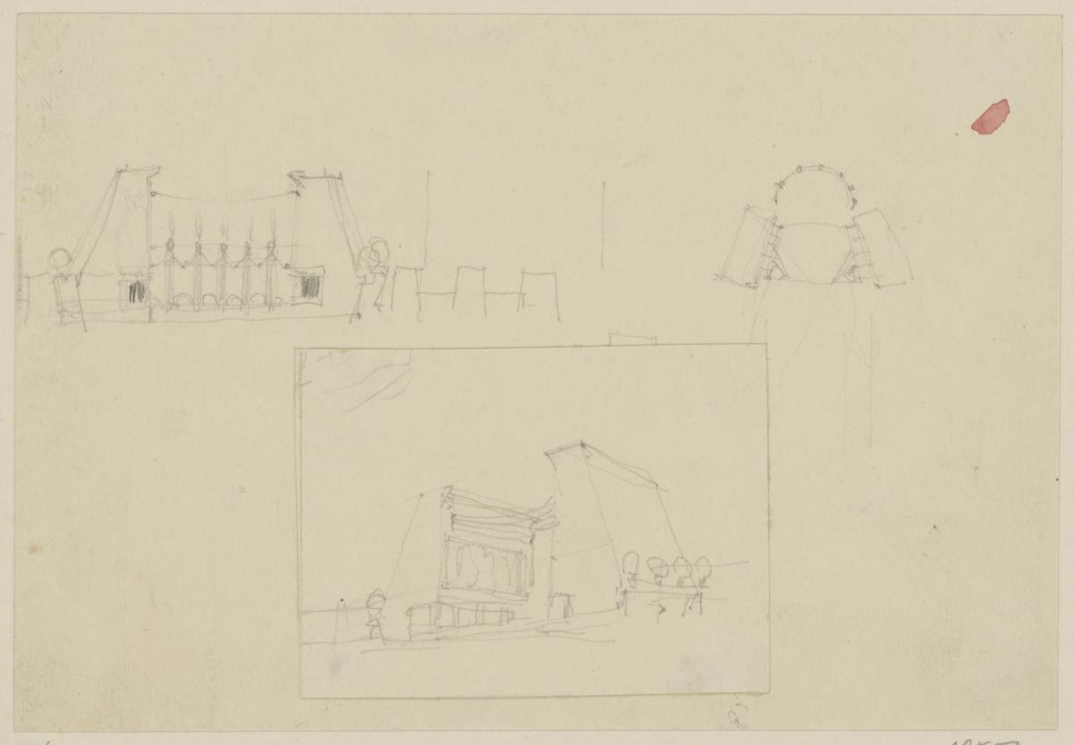 Darmstadt, Haupteingang zur Ausstellung der Künstlerkolonie, Skizzenblatt mit Aufriss, perspektivischer Rückansicht montiert und Grundriss