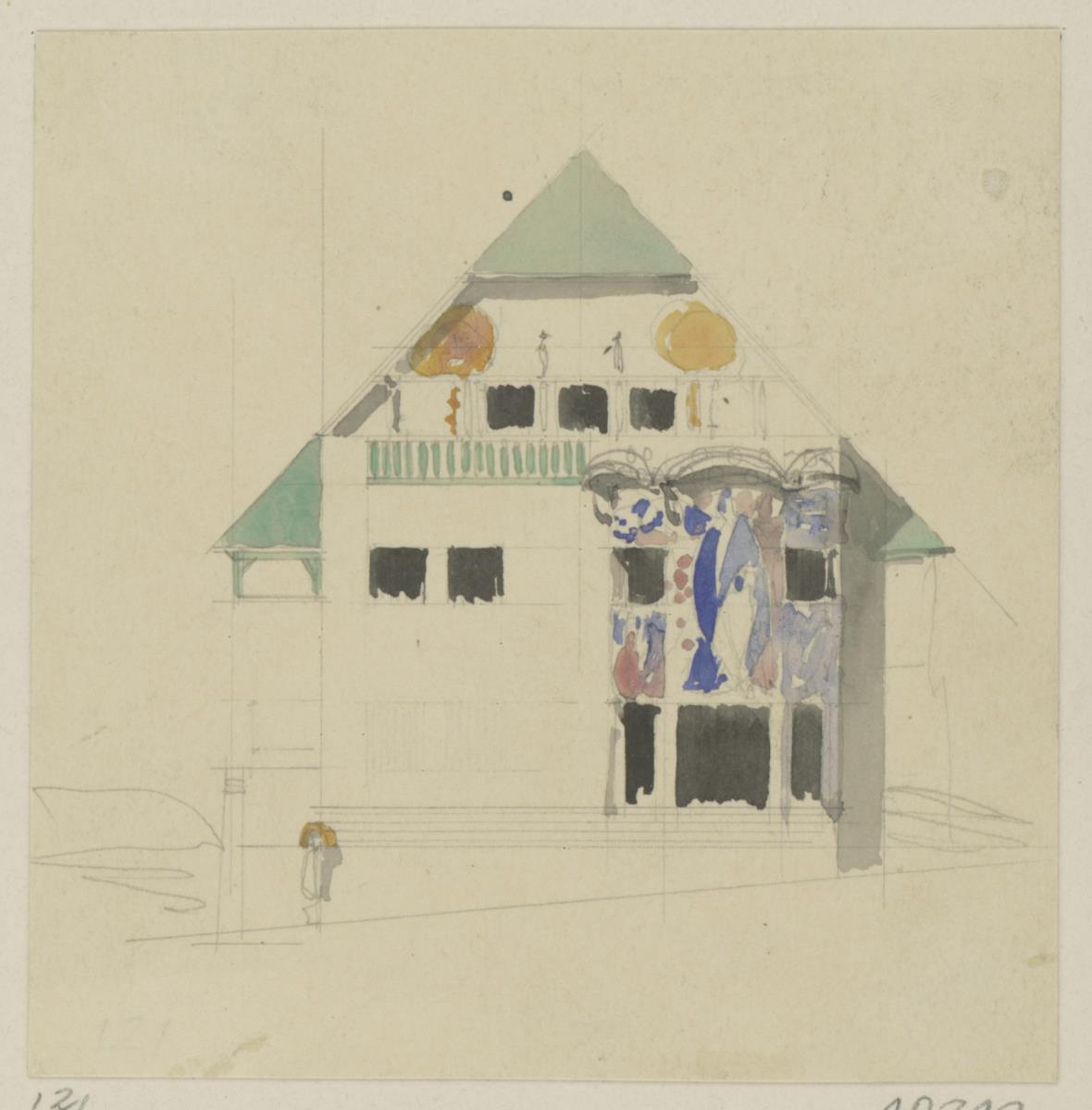 Darmstadt, Wohnhaus Christiansen, vorbereitende Skizze, Aufriss der Ostfassade