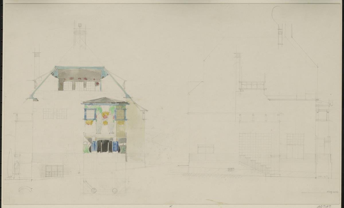 Darmstadt, Wohnhaus Christiansen, Aufrisse der Ost und Südfassade sowie Grundriss der Erkerloggia