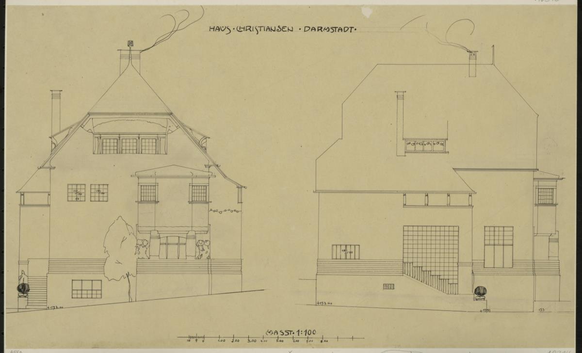 Darmstadt, Wohnhaus Christiansen, Aufrisse der Ost und Südfassade