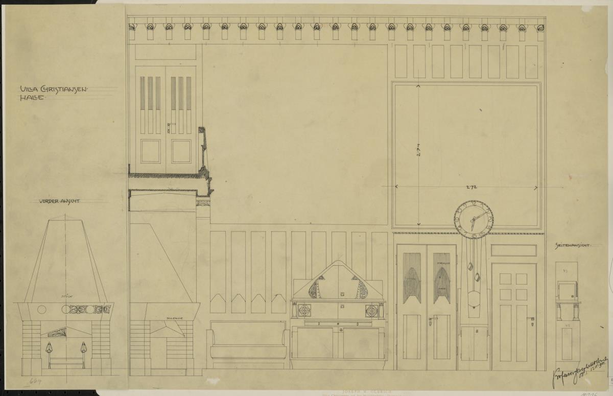 Darmstadt, Wohnhaus Christiansen, Halle, Aufriss der Südwand und des Kamins sowie Seitenansicht des Schrankes