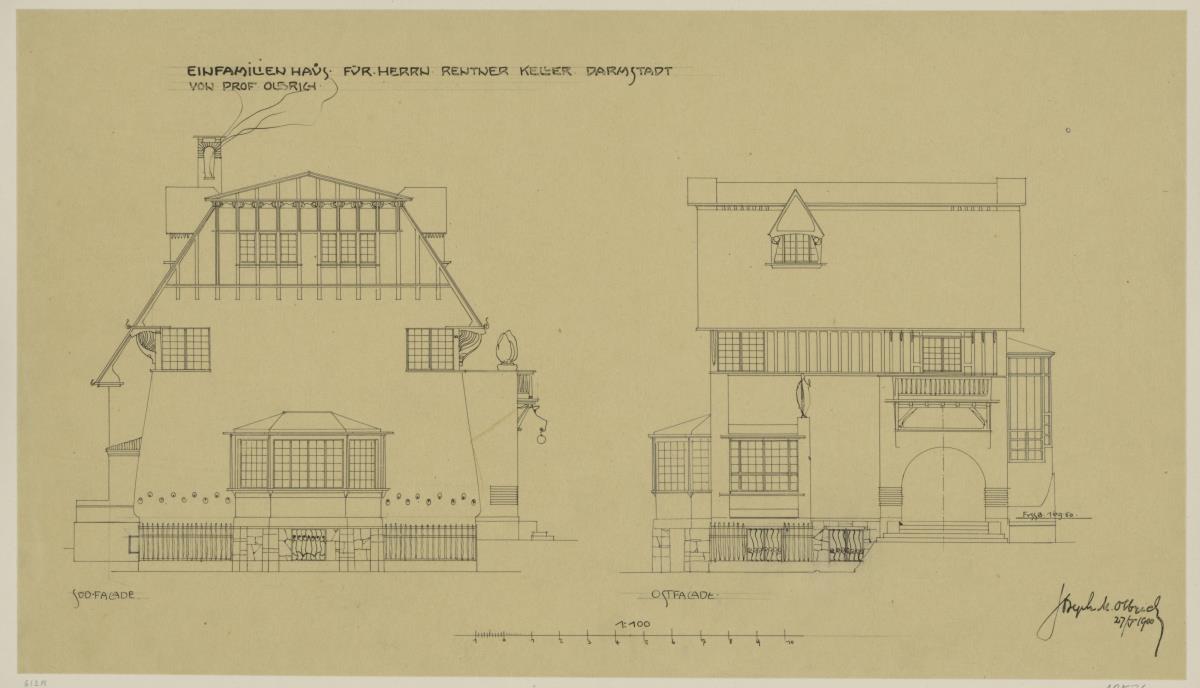 Darmstadt, Wohnhaus Keller. Aufrisse der Süd- und Ostfassade