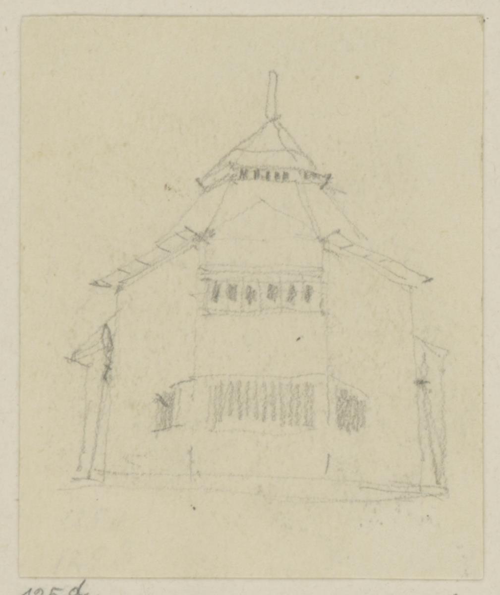 Darmstadt, Wohnhaus Deiters, Skizzenblatt mit Perspektive von Südosten