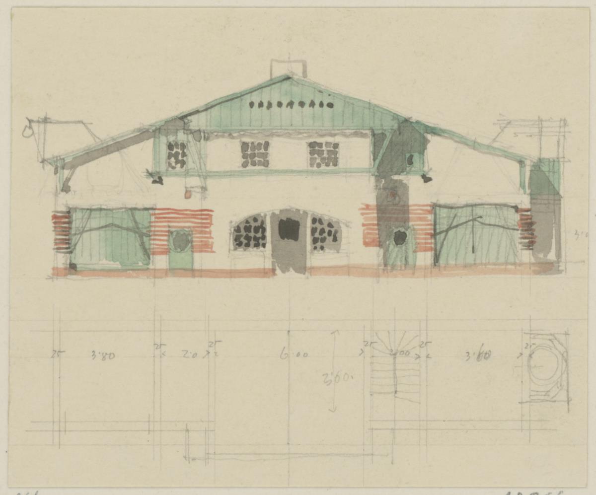 Darmstadt, Projekt Wohnhaus und Stallgebäude für Dr. von Pander, vorbereitende Skizze zum Stallgebäude, Aufriss und Grundriss