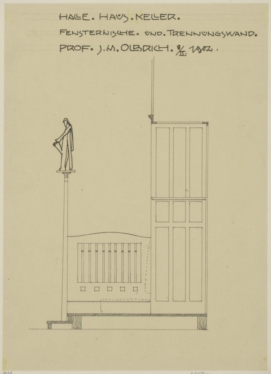 Darmstadt, Wohnhaus Keller, Halle, Aufriss der Fensternischen Laibung und der Trennwand zur Sitzecke