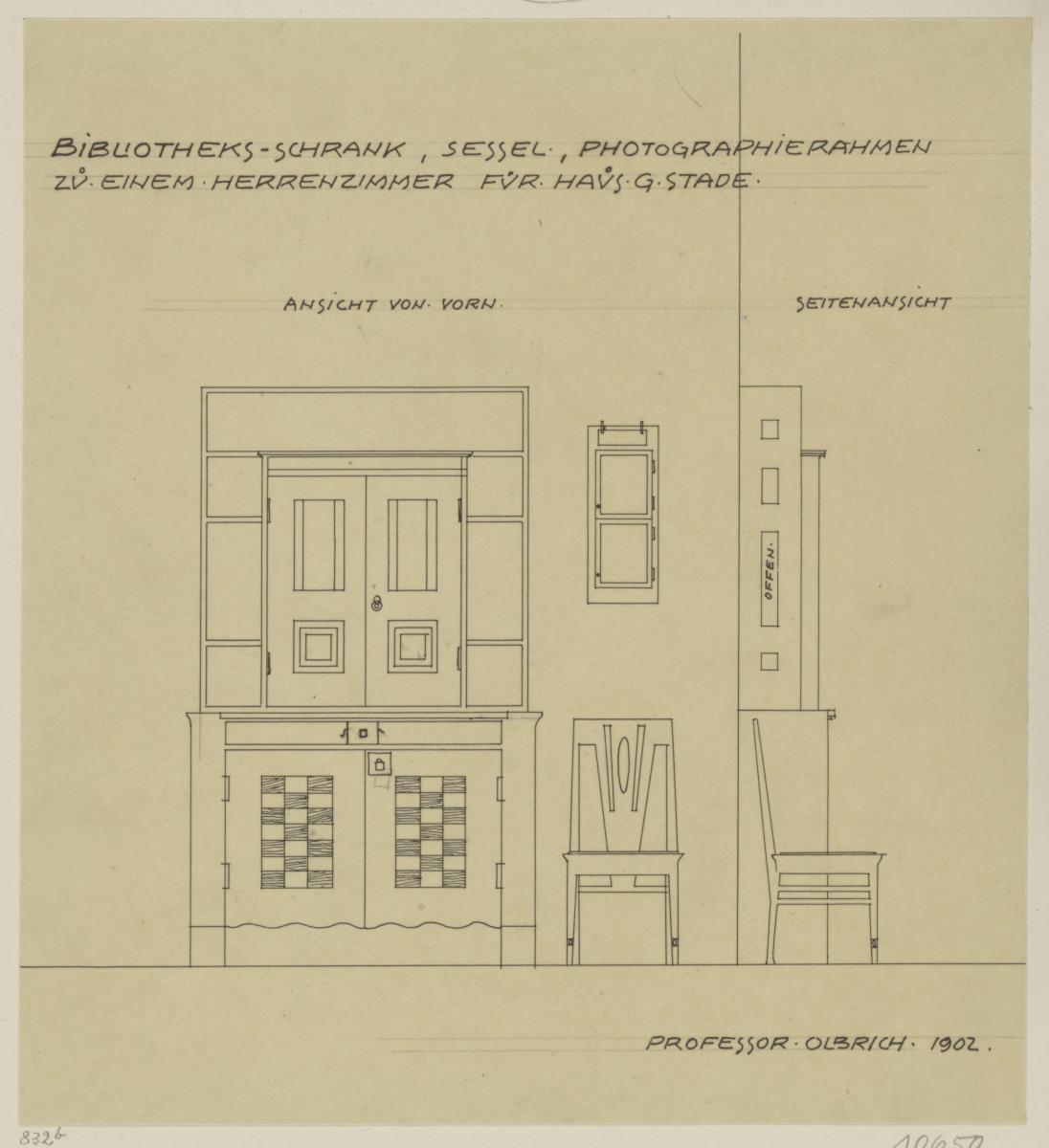 Darmstadt, Doppelhaus Stade, Wohnung Gustav Stade, Herrenzimmer, Aufrisse und Seitenansichten von Bibliotheksschrank und Stuhl sowie Aufriss des Bilderrahmens
