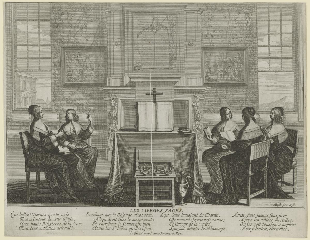 Das Gleichnis von den klugen und törichten Jungfrauen, Bl. 1: Les Vierges sages à leurs pieuses occupations