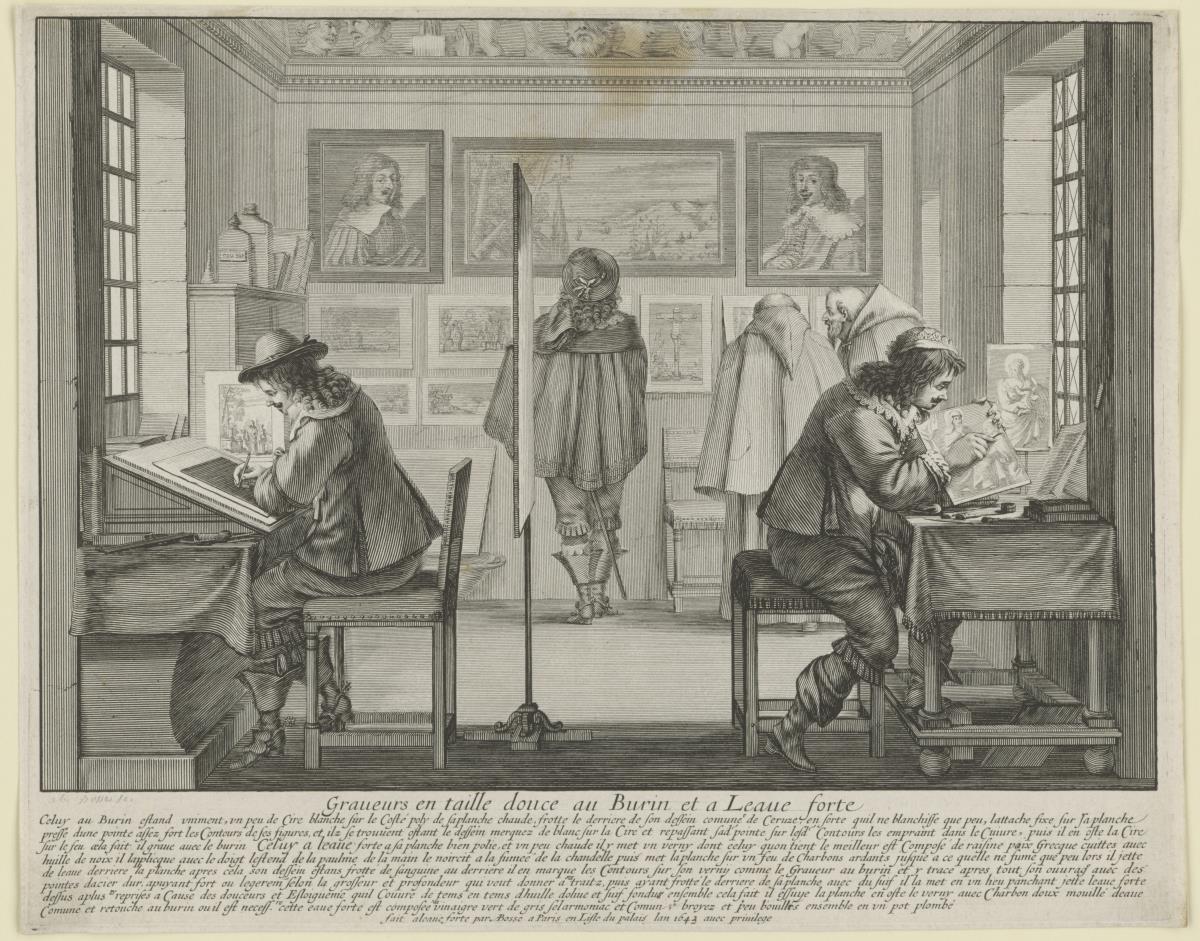 Stecher bei der Erstellung von Druckvorlagen in verschiedenen Techniken (Graveurs en taille douce au Burin et a L'eau forte)