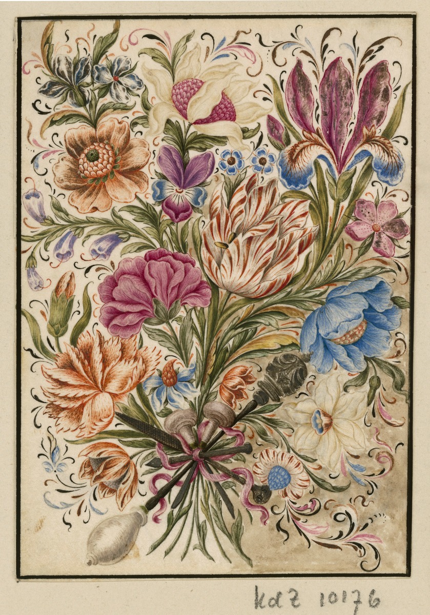 Emblem mit Blumen und Instrumenten (Kupferstecher - oder Goldschmiedeinstrumenten)