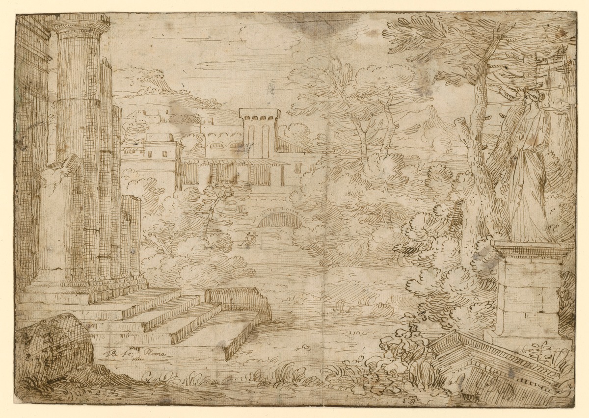Italienische Landschaft mit antiker Statue