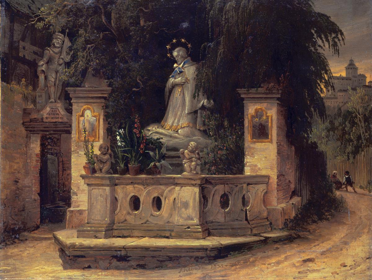 Straßenansicht mit Figur des hl. Nepomuk und der Festung Glatz