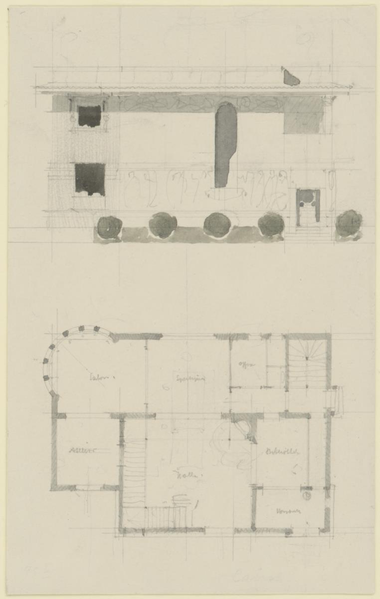 Darmstadt, Wohnhaus Habich, vorbereitende Skizze, Aufriss und Grundriss