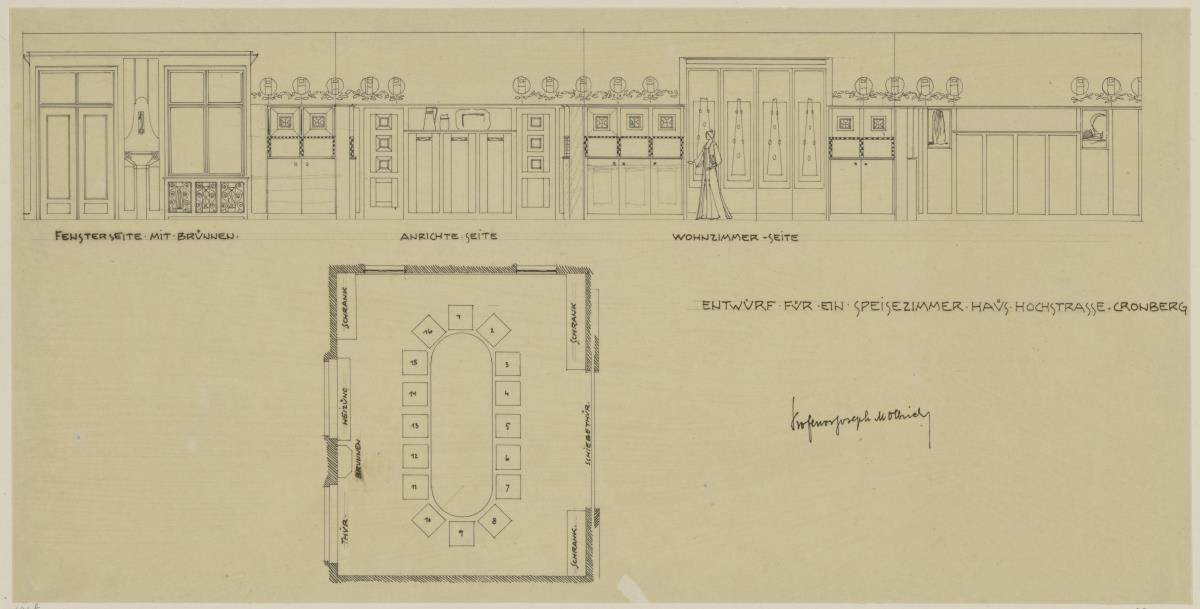 Kronberg im Taunus, Wohnhaus Hochstrasser, Speisezimmer, Aufrisse der Nord, Ost, Süd und Westwand sowie Grundriss mit Möblierungsplan