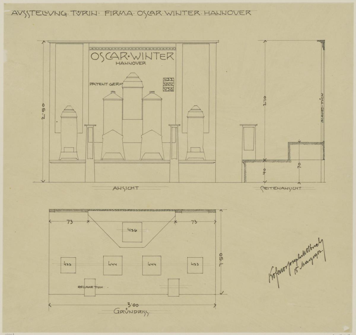Hannover, Ausstellungsstand der Firma Oscar Winter für die internationale Ausstellung in Turin, Aufriss, Grundriss und Schnitt