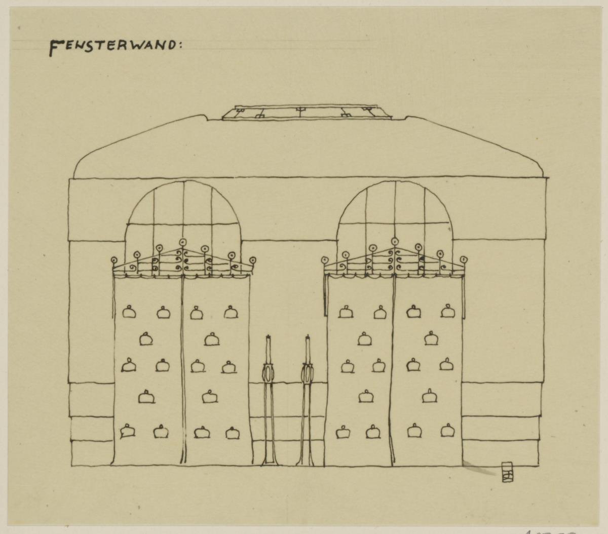 Darmstadt, Musiksaal im Neuen Palais, vorbereitende Skizze, Aufriss der Fensterwand