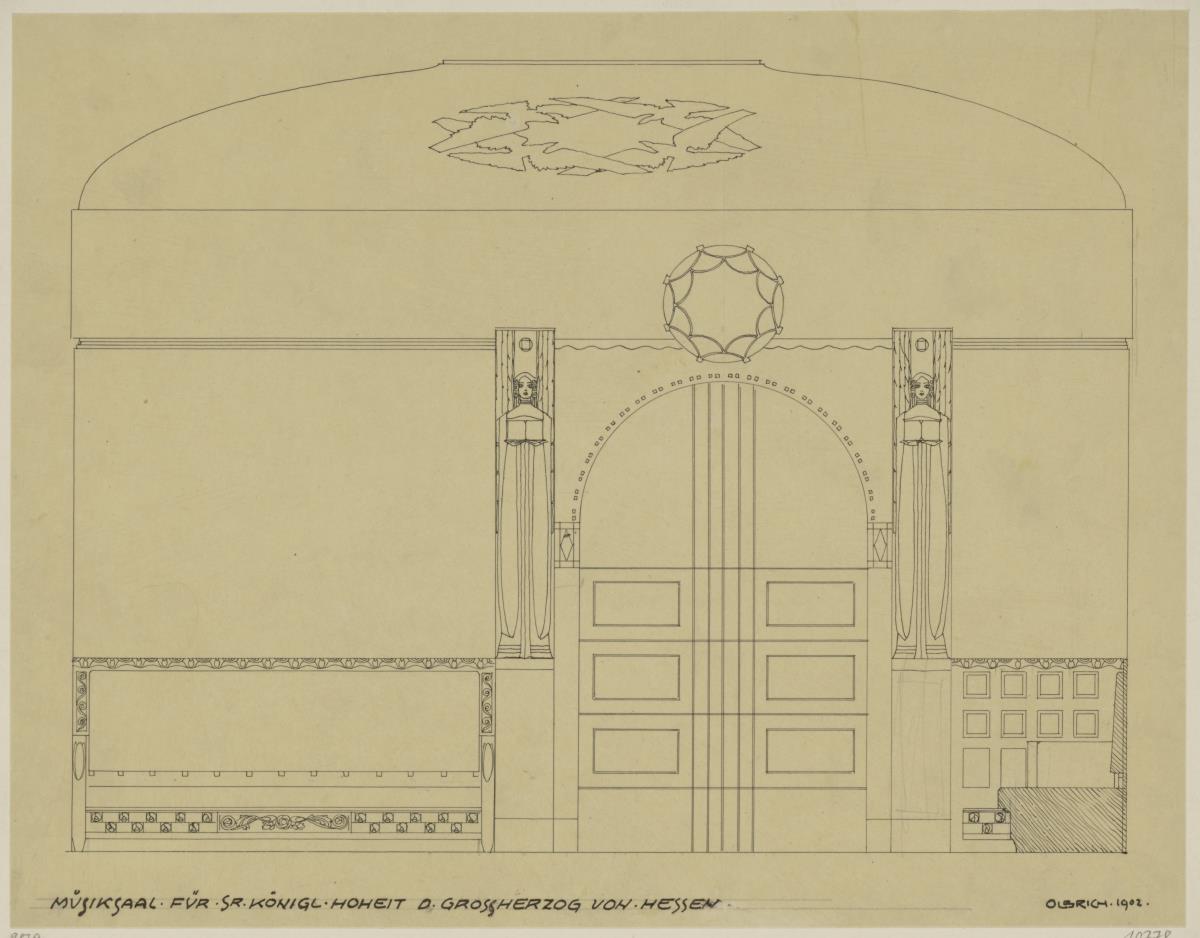 Darmstadt, Musiksaal im Neuen Palais, Aufriss der Wand mit der Brunnennische