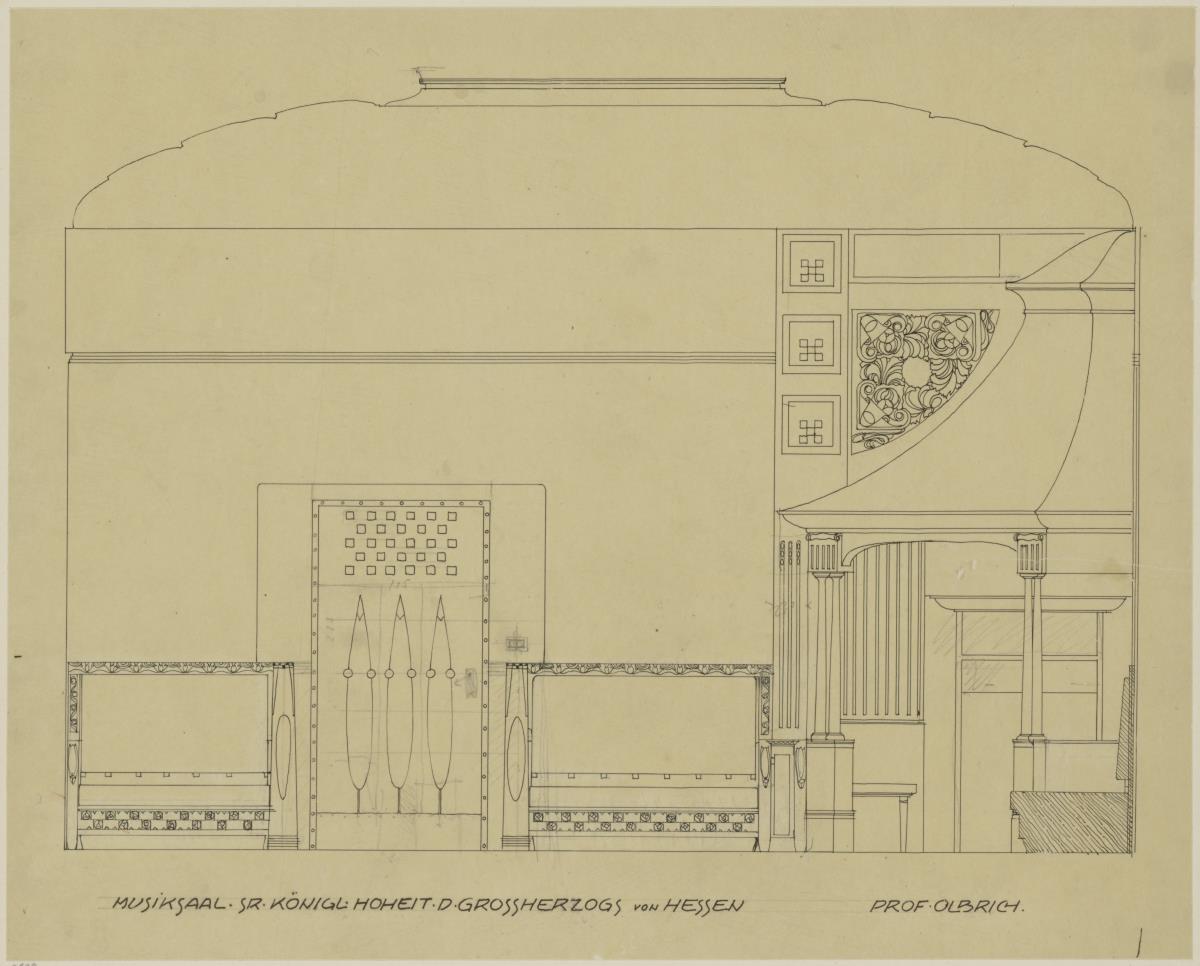 Darmstadt, Musiksaal im Neuen Palais, Aufriss der Eingangswand