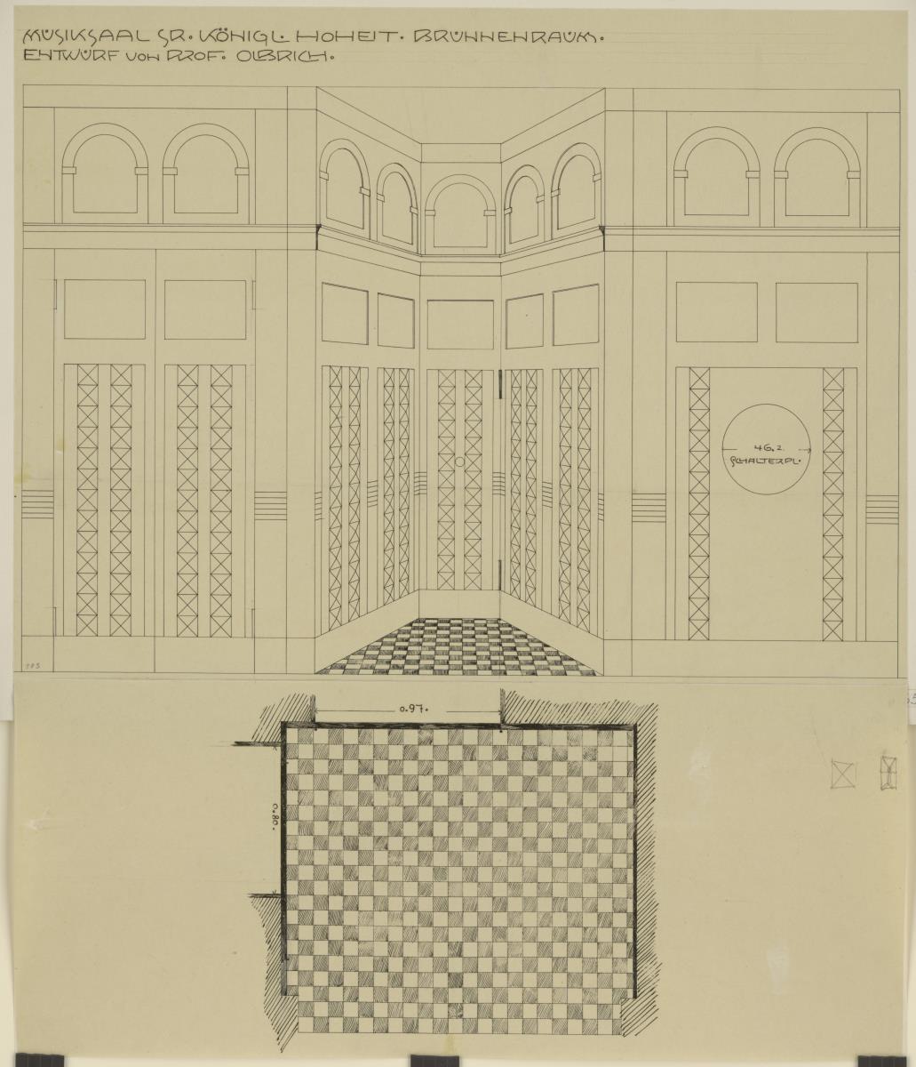 Darmstadt, Musiksaal im Neuen Palais, Aufriss der Wände der Brunnennische sowie Grundriss