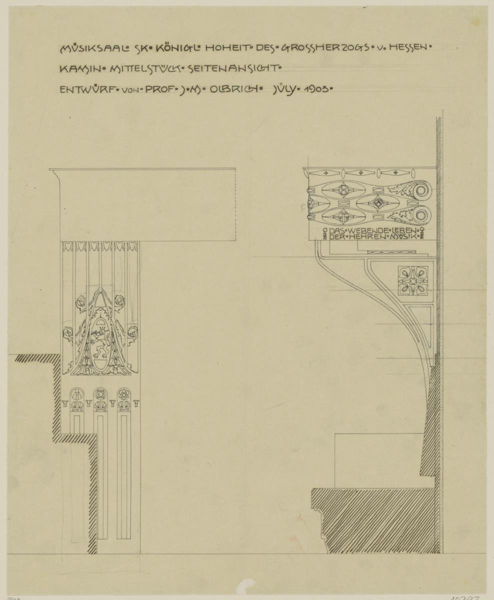 Darmstadt, Musiksaal im Neuen Palais, Kamin, Aufrisse der Laibung und des rechten Gebälk Seitenteiles