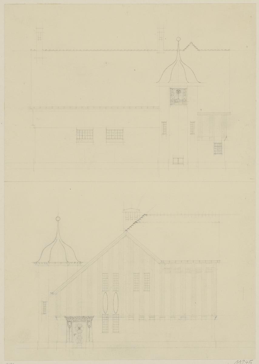 Darmstadt, Stallgebäude mit Kutscherwohnung für Julius Glückert, Skizzenblatt mit Aufrissen der Nord- und Westfassade