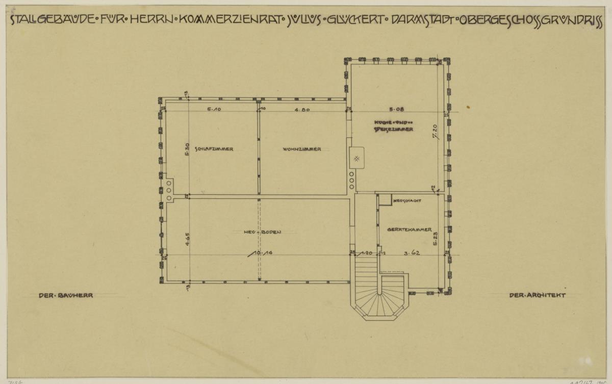 Darmstadt, Stallgebäude mit Kutscherwohnung für Julius Glückert, Grundriss des Obergeschosses
