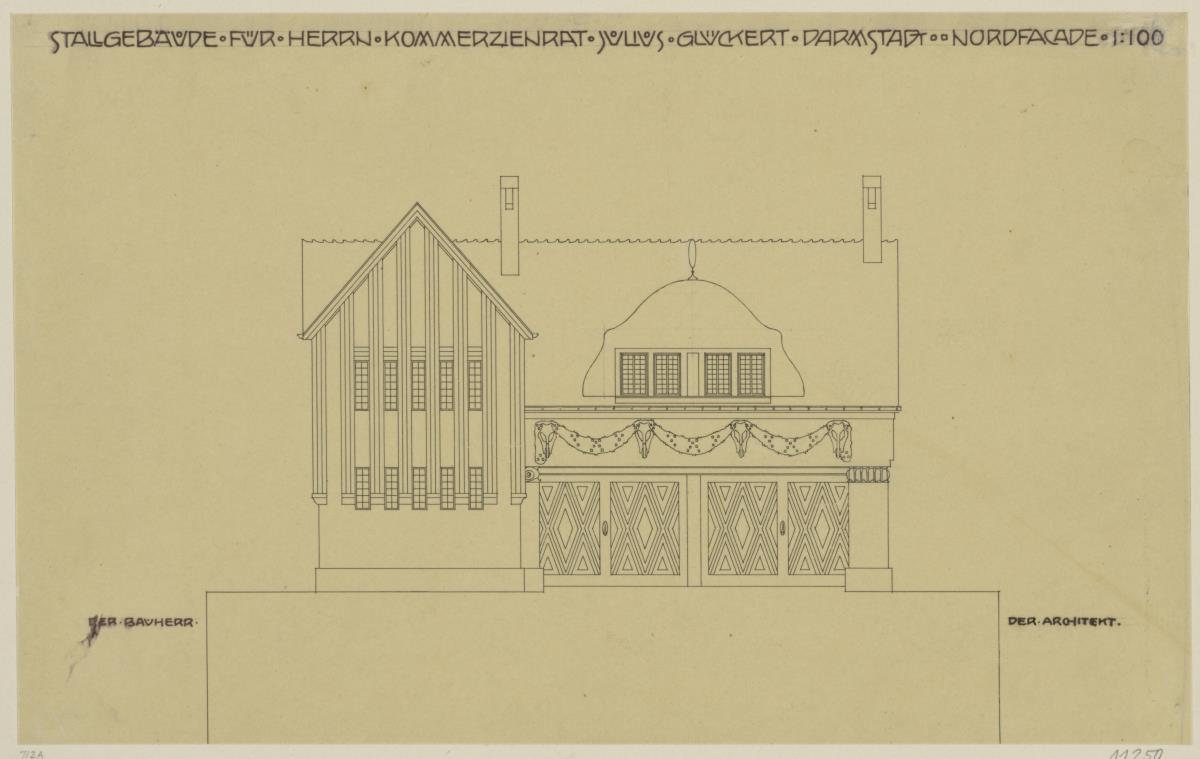 Darmstadt, Stallgebäude mit Kutscherwohnung für Julius Glückert, Aufriss der Nordfassade