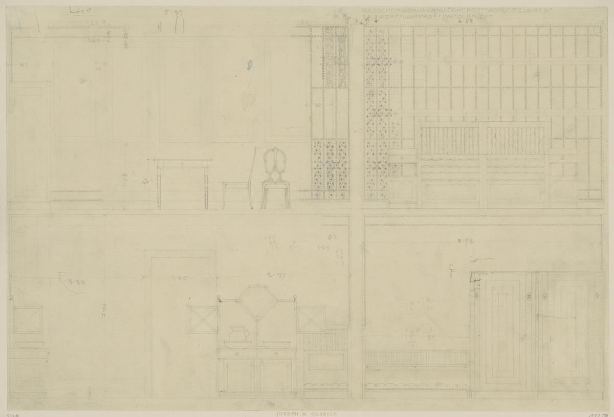 Darmstadt, Stallgebäude mit Kutscherwohnung für Julius Glückert, Schlafzimmer, Skizzenblatt mit vier Wandaufrissen