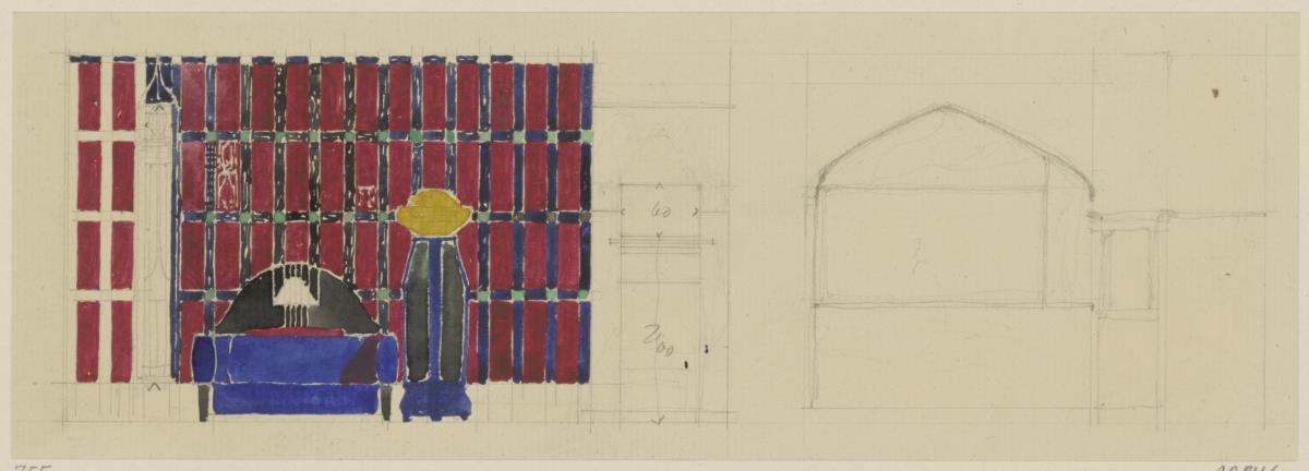 St. Louis, Sommersitz eines Kunstfreundes auf der internationalen Ausstellung, Wohnzimmer, Raum 22, Skizzenblatt mit Aufrissen der Südwest -und Nordwestwand sowie des linken Teils der Nordostwand